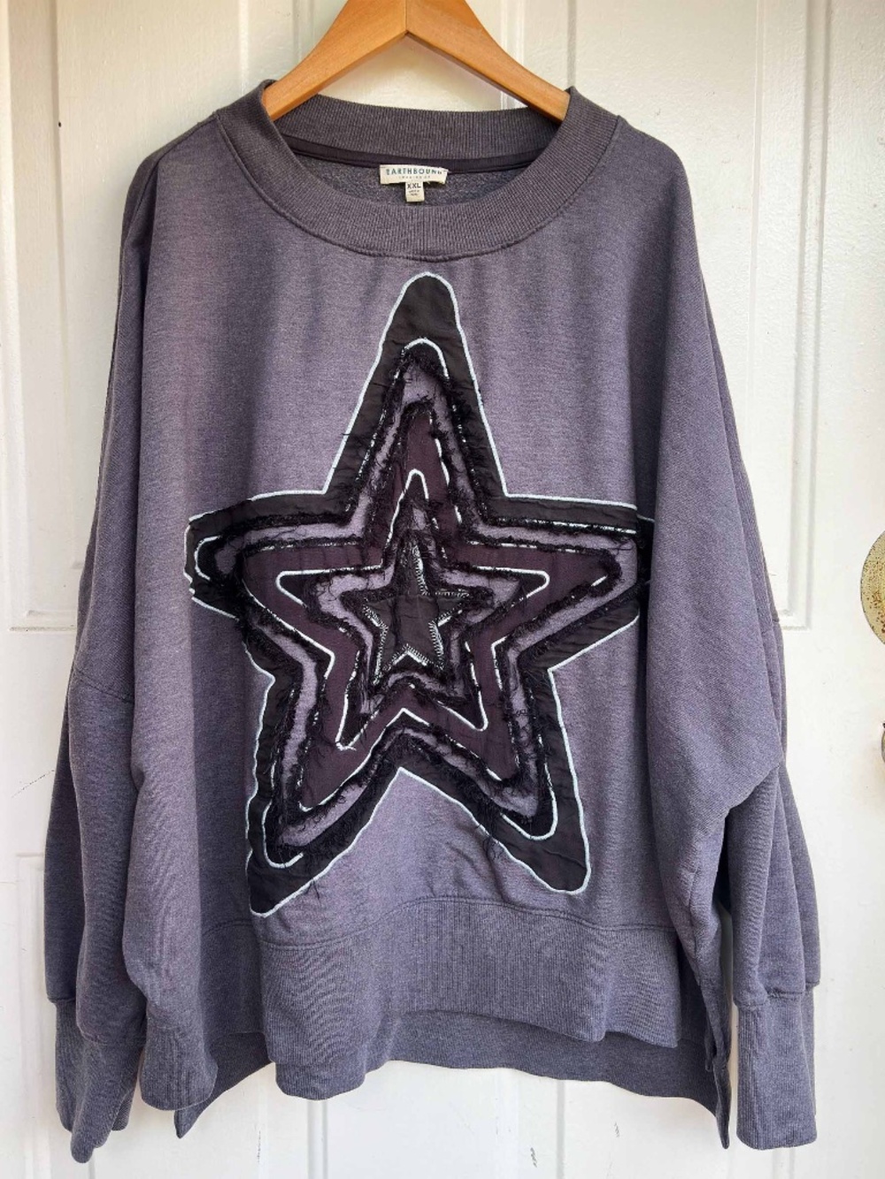 Earthbound Trading Co XXL Gray Star Patchwork Sweatshirt Boho Grunge Oversized